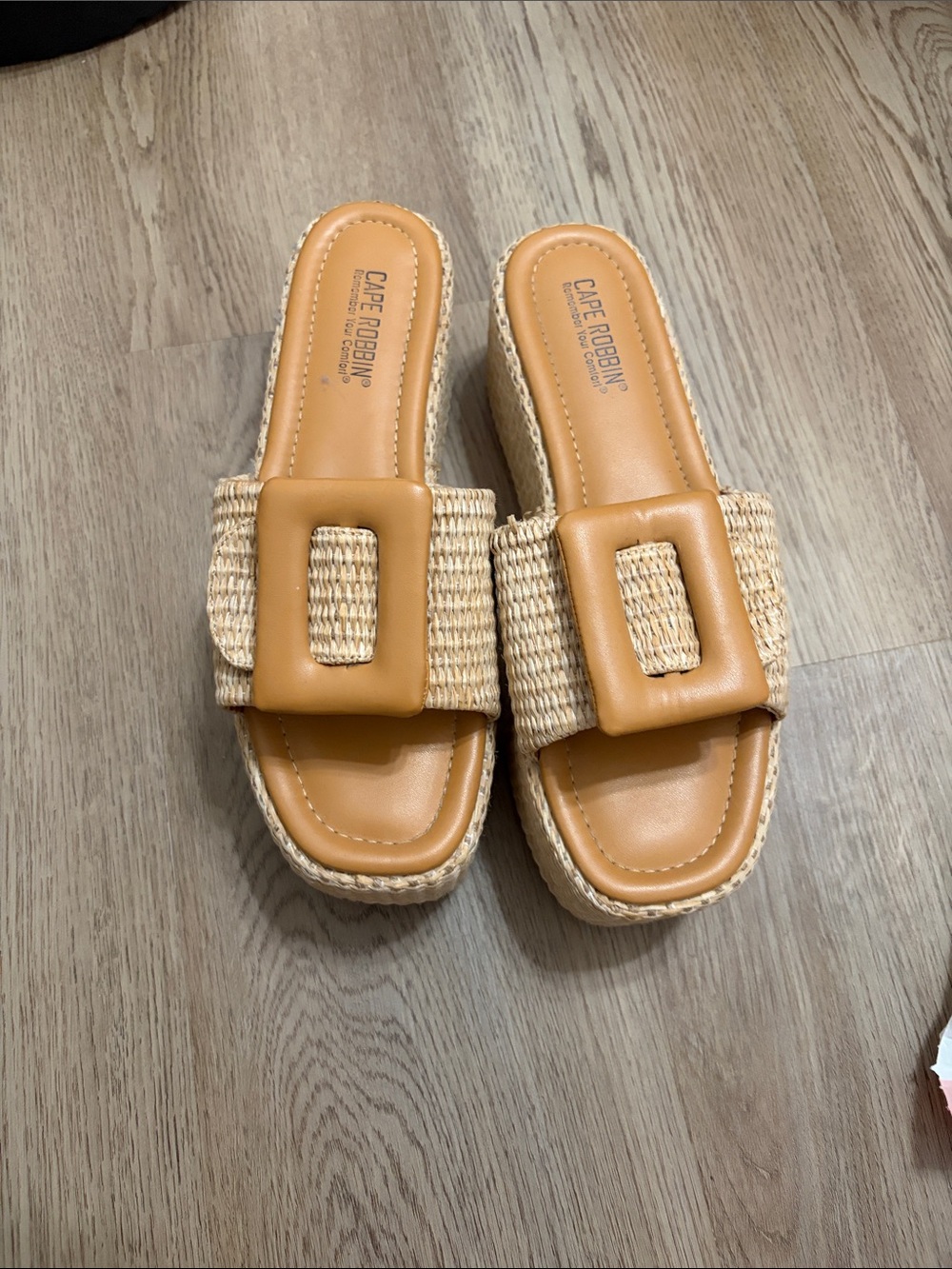 Cape Robbin Tan Raffia Buckle Slide Mules